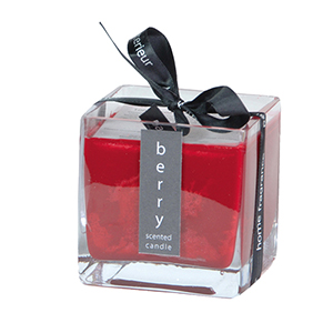 Berry scented candle in a square glass holder